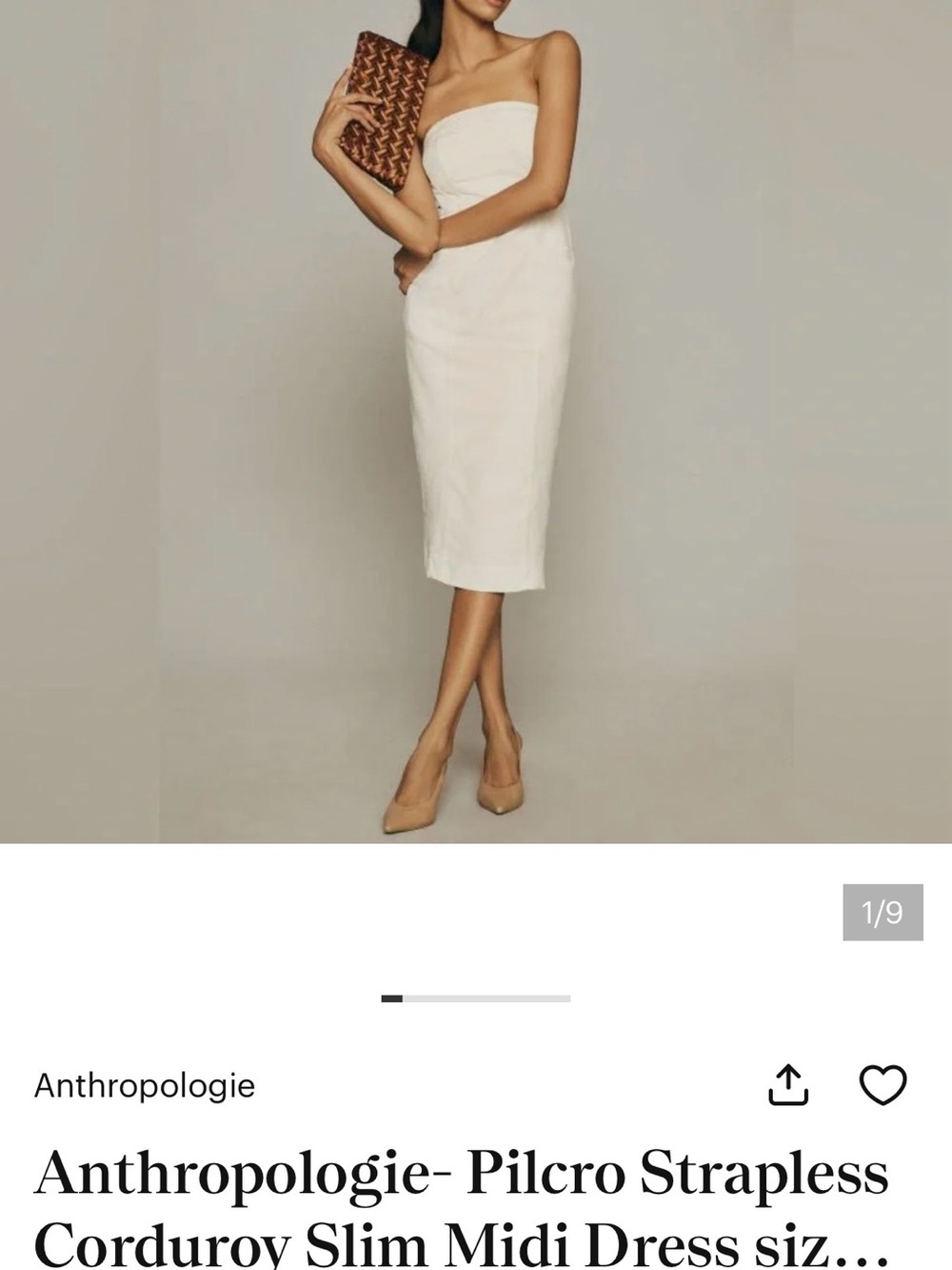 Anthropologie Cream Strapless Corduroy Midi Dress